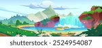 Summer or spring sunny landscape with waterfall on cliff rocks and lake or river, mountains peaks and meadow with green grass and daisy flowers, blue sky with clouds. Carton vector nature scenery.