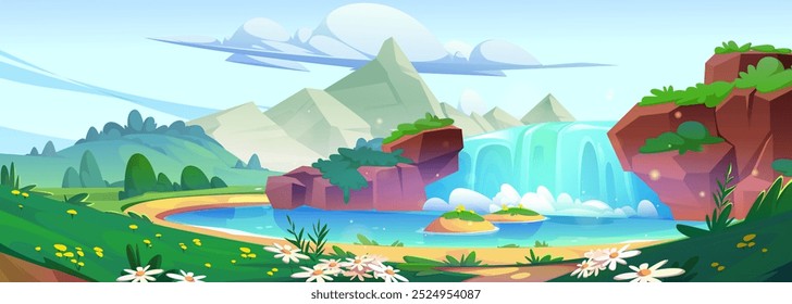 Paisaje soleado de verano o primavera con cascada en rocas de acantilado y lago o río, montañas, picos y prados con hierba verde y flores de margaritas, cielo azul con nubes. Paisaje de la naturaleza del Vector del cartón.