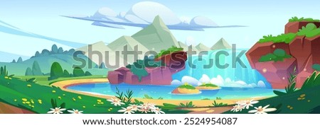 Summer or spring sunny landscape with waterfall on cliff rocks and lake or river, mountains peaks and meadow with green grass and daisy flowers, blue sky with clouds. Carton vector nature scenery.