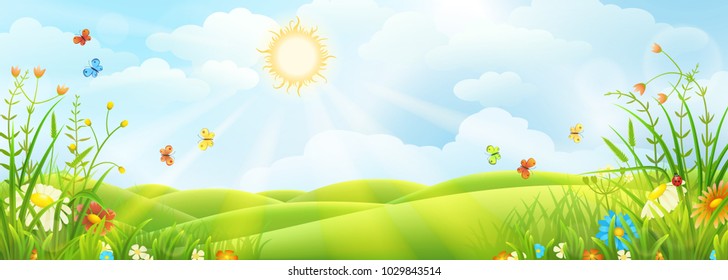 Summer or spring sunny meadow with green grass and flowers