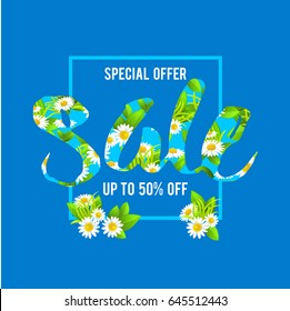 Summer or spring template for design banner, ticket, leaflet, card, poster and so on. Sale floral lettering.