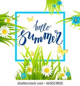 Summer or spring template for design banner, ticket, leaflet, card, poster and so on. Green grass and flowers scenery.