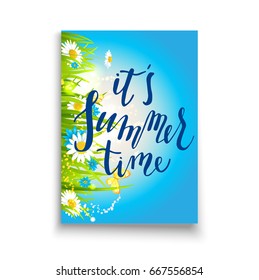 Summer or spring template for design banner, ticket, leaflet, card, poster and so on. Green grass and flowers scenery.