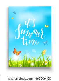 Summer or spring template for design banner, ticket, leaflet, card, poster and so on. Green grass and flowers scenery.