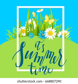 Summer or spring template for design banner, ticket, leaflet, card, poster and so on. Green grass and flowers scenery.