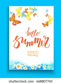 Plantilla de verano o primavera para banner de diseño, boleto, volante, tarjeta, afiche, etc. Paisaje verde y flores.
