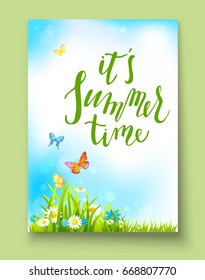 Summer or spring template for design banner, ticket, leaflet, card, poster and so on. Green grass and flowers scenery.