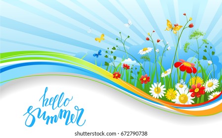 Summer or spring template for design banner, ticket, leaflet, card, poster and so on. Green grass and flowers scenery.