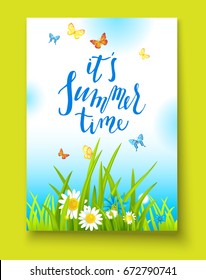 Plantilla de verano o primavera para banner de diseño, boleto, volante, tarjeta, afiche, etc. Paisaje verde y flores.
