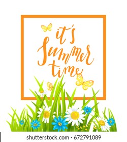 Summer or spring template for design banner, ticket, leaflet, card, poster and so on. Green grass and flowers scenery.