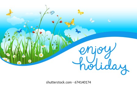Summer or spring template for design banner, ticket, leaflet, card, poster and so on. Green grass and flowers scenery.