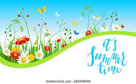 Summer or spring template for design banner, ticket, leaflet, card, poster and so on. Green grass and flowers scenery.