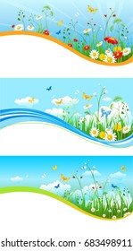 Summer or spring template for design banner, ticket, leaflet, card, poster and so on. Green grass and flowers scenery.