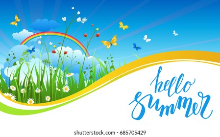 Summer or spring template for design banner, ticket, leaflet, card, poster and so on. Green grass and flowers scenery.
