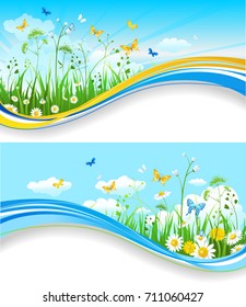 Summer or spring template for design banner, ticket, leaflet, card, poster and so on. Green grass and flowers scenery.