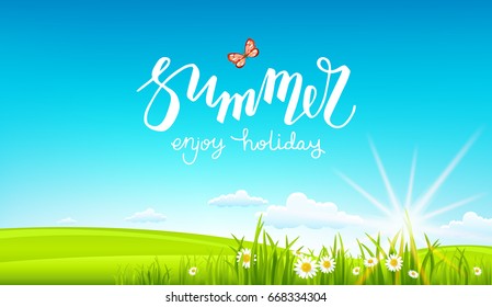 Summer or spring template with place for text for design banner, ticket, leaflet, card, poster and so on. Green grass and flowers scenery.