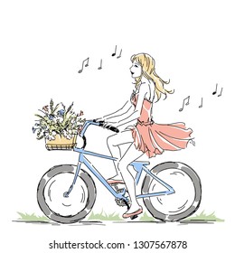 Summer or spring time, cute elegant blonde girl riding a bike with floral baskets and singing, nice romantic vector postcard. Free hand drawing on white background.