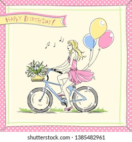 Summer or spring time, cute elegant blonde girl riding a bike with floral baskets and singing, nice romantic  vector postcard. Free hand drawing card on white background. Happy birtday card