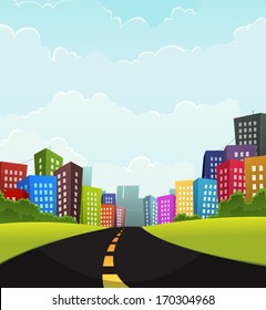 Summer Or Spring Town/ Illustration of a cartoon road going to town with fancy buildings