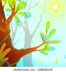 Summer or spring tree nature background with branches and foliage, illustration in cartoon style for kids. Vector abstract nature template for childish poster or cover.