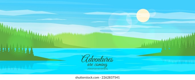 Summer or spring vector landscape with river, forest and hills. Blue sky with sun and clouds. Design for banner. 