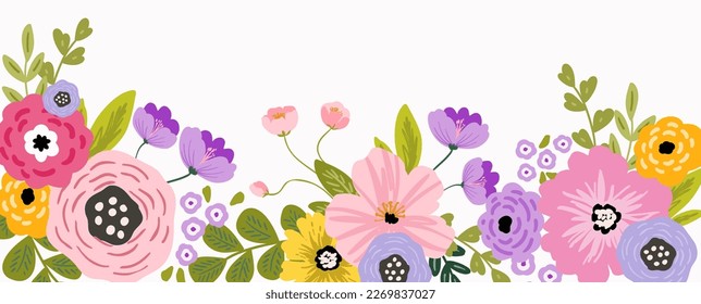 Summer spring vector vivid floral vector background, card, banner, invitation template with bright floral arrangement, flower frame. Elegant summer floral background isolated on white