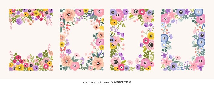 Vector de primavera verano de fondo vectorial floral vívido, tarjeta, banner, plantilla de invitación con arreglo floral brillante, marco floral. Elegante fondo veraniego floral aislado en blanco