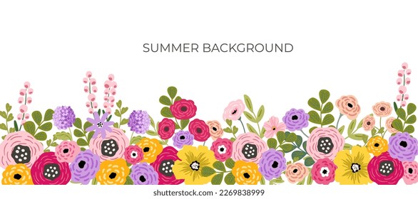 Summer spring vector vivid floral vector background, card, banner, invitation template with bright floral arrangement, flower frame. Elegant summer floral background isolated on white