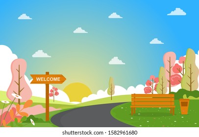 Summer Spring View in City Park Outdoor Landscape Flat Illustration