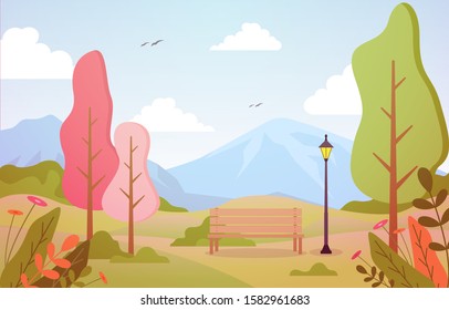 Summer Spring View in City Park Outdoor Landscape Flat Illustration