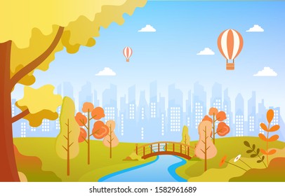 Summer Spring View in City Park Outdoor Landscape Flat Illustration