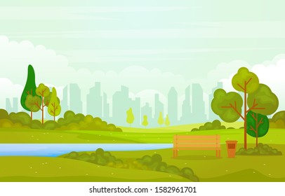 Summer Spring View in City Park Outdoor Landscape Flat Illustration