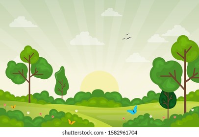 Summer Spring View in City Park Outdoor Landscape Flat Illustration