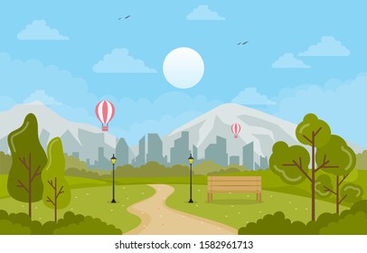 Summer Spring View in City Park Outdoor Landscape Flat Illustration