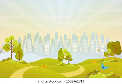 Summer Spring View in City Park Outdoor Landscape Flat Illustration