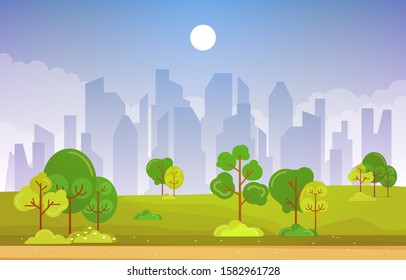 Summer Spring View in City Park Outdoor Landscape Flat Illustration