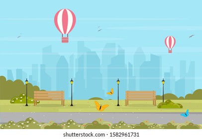 Summer Spring View in City Park Outdoor Landscape Flat Illustration