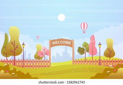 Summer Spring View in City Park Outdoor Landscape Flat Illustration