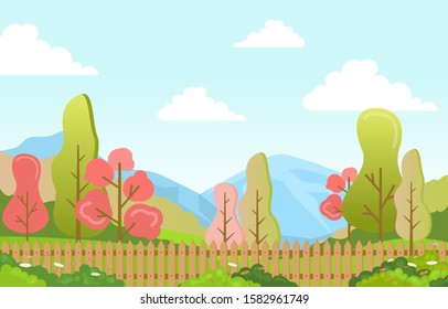 Summer Spring View in City Park Outdoor Landscape Flat Illustration