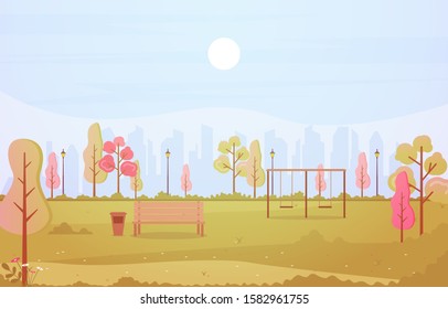 Summer Spring View in City Park Outdoor Landscape Flat Illustration
