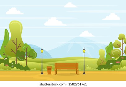 Summer Spring View in City Park Outdoor Landscape Flat Illustration