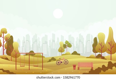 Summer Spring View in City Park Outdoor Landscape Flat Illustration