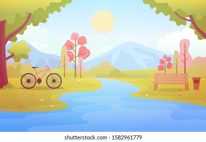 Summer Spring View in City Park Outdoor Landscape Flat Illustration