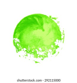 Summer or spring watercolor round background with white grass imprints