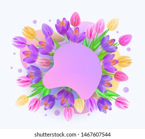 Summer or spring web banner template with colorful blob and tulips flowers the vector illustration isolated on white background. Floral card or label for advertising.