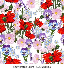 Summer spring wild pink, violet flowers, red poppy and blue forget-me-not flowers. White background. Seamless floral pattern. Textile pattern. Field wild of flowers.