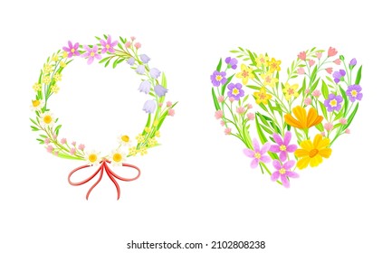 Summer or spring wildflowers set. Wreath and heart of blooming flowers vector illustration