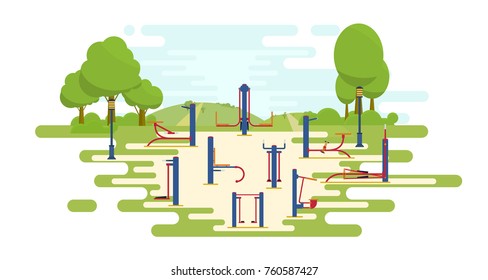 Summer or spring workout street place with different exercise machine for strength training. Healthy lifestyle.