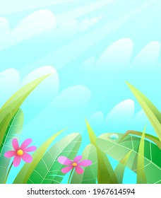 Summer or springtime nature background with leaves grass and flowers over the blue sky. Green spring garden or summertime scenery vector illustration.