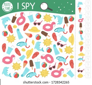 Summer I spy game for kids. Beach holiday searching and counting activity for preschool children with cute elements. Funny sea vacation printable worksheet for kids. Simple summer spotting puzzle